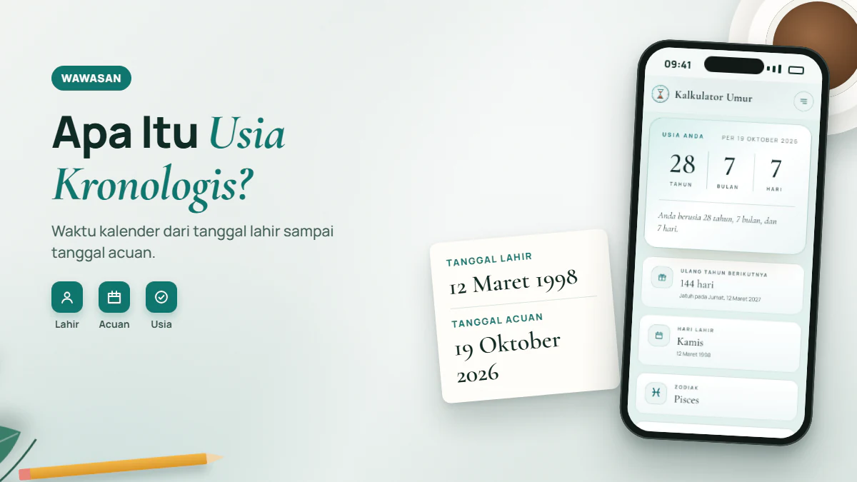 Kartu bertuliskan tanggal lahir 12 Maret 1998 dan tanggal acuan 19 Oktober 2026 di samping ponsel yang menampilkan usia 28 tahun 7 bulan 7 hari