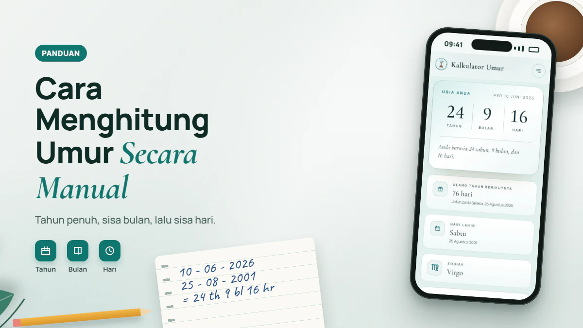 Ponsel menampilkan hasil Kalkulator Umur 24 tahun 9 bulan 16 hari, di samping buku catatan berisi hitungan tanggal lahir 25-08-2001 dan tanggal acuan 10-06-2026