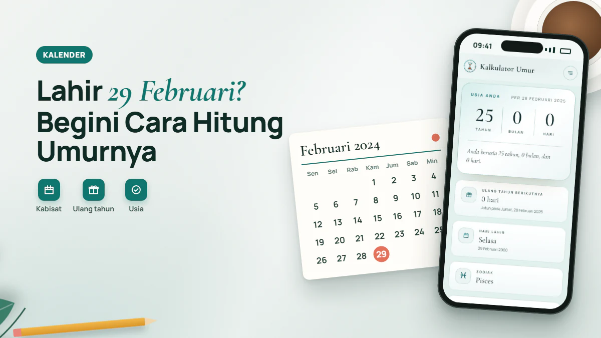 Kalender Februari 2024 dengan tanggal 29 dilingkari, di samping ponsel yang menampilkan usia 25 tahun 0 bulan 0 hari per 28 Februari 2025