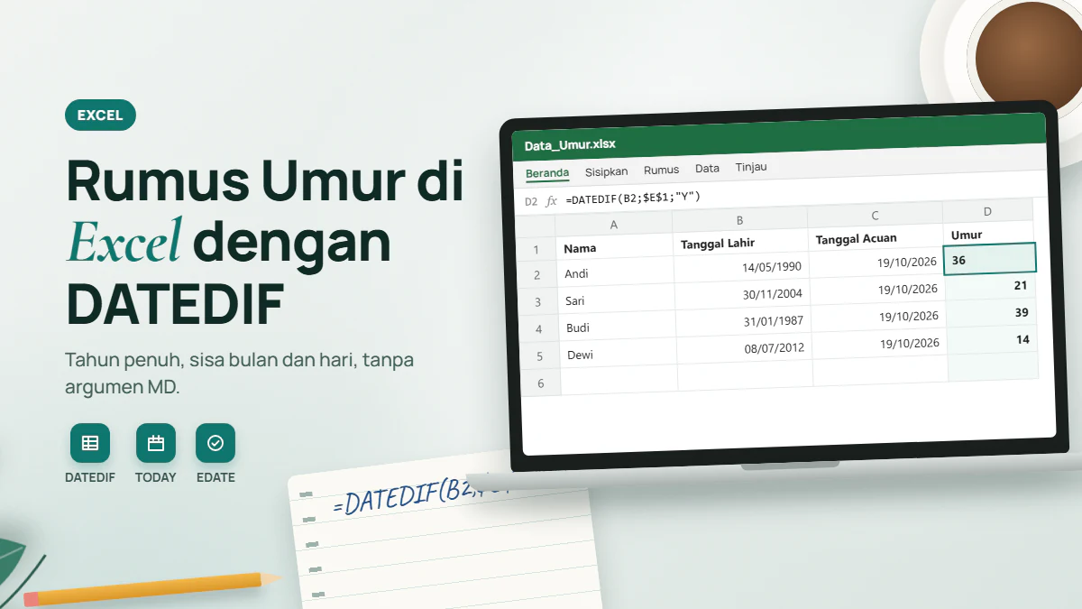 Laptop menampilkan lembar kerja Excel berisi kolom nama, tanggal lahir, tanggal acuan, dan umur dengan rumus DATEDIF di bilah rumus