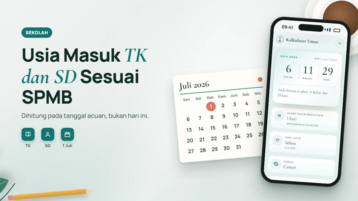 Kalender Juli 2026 dengan tanggal 1 dilingkari, di samping ponsel yang menampilkan usia 6 tahun 11 bulan 29 hari per 1 Juli 2026
